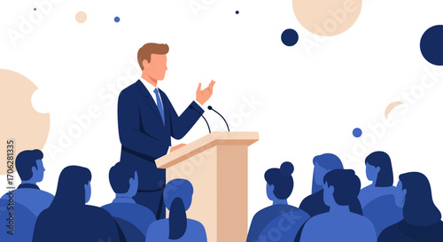 Professional Speaker at Podium Presenting to Audience in Modern Minimalist Illustration