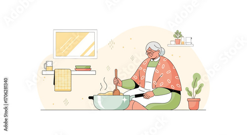 Senior Woman Stirring Food in a Pot, Enjoying Cooking Time in Her Kitchen