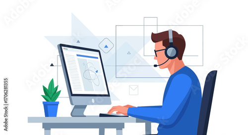 Professional Supporting Client Online Using Computer with Headset and Modern Workspace