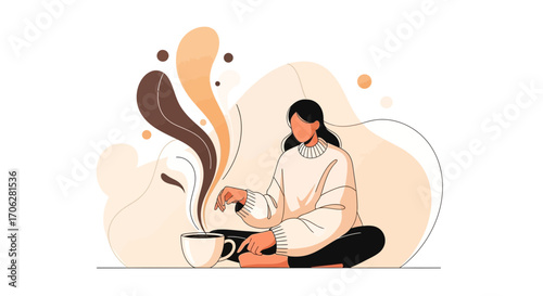 Serene Enjoyment Depicted: A Woman Enjoying Coffee In a Tranquil Artistic Illustration