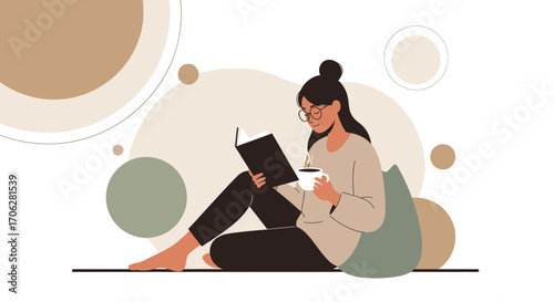 Serene Female Reading While Sipping Coffee, Enjoying Leisure in Modern Aesthetic