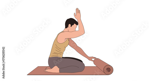 Serene Figure Kneeling And Rolling Yoga Mat, Practicing Mindfulness Exercise