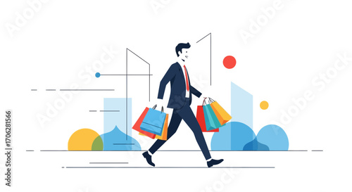 Purchasing Spree: Vector Illustration of a Sophisticated Man with Shopping Bags Strolling