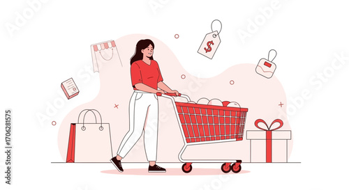 Purchasing Groceries And Gifts With Shopping Cart. Consumerism, Purchasing And Buying Concept