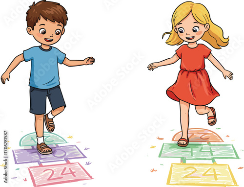 Cartoon boy and girl playing hopscotch, kids outdoor activity, childhood fun, sidewalk game, colorful playground, summer playtime, happy children.