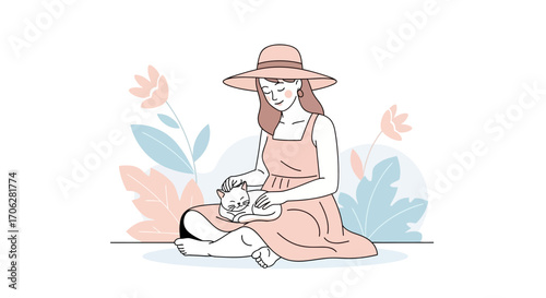 Serene Moment: A Woman Bonding With Her Cat Amidst Blooming Flora In A Calm Scene