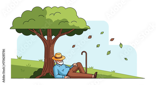 Serene Moment: An Old Man, Resting Under A Tree In Peaceful Solitude