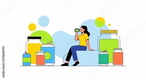 Refreshment Conceptualized: Modern Illustrated Depiction of a Person Enjoying Beverages