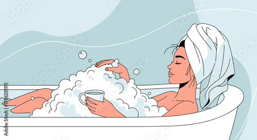 Relaxation Illustration: Serene Woman Enjoys a Bathtub with a Beverage and Blissful Moment