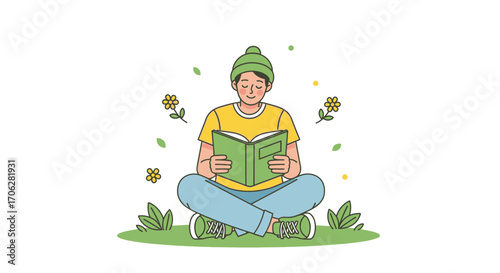 Serene Reader Enjoying A Book Outdoors In A Peaceful Springtime Setting