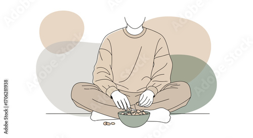 Serene Person Symbolizing Relaxation, Eating, and Mindfulness with Abstract Background