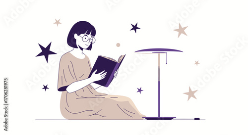 Serene Reading: Woman Absorbed In Book Under Gentle Light With Starry Elements