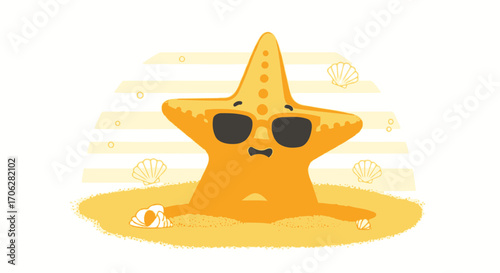 Relaxed Beach Starfish Wearing Sunglasses During Summer Vacation With Sand