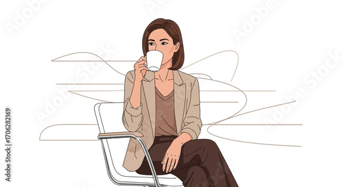 Relaxed Businesswoman Sip Coffee And Contemplate Ideas While Sitting In Modern Office Chair