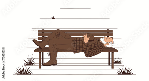Relaxed Elderly Man Lounging On Park Bench With Hat, Artistic Illustration
