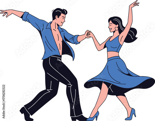 Couple dancing in stylish outfit, energetic movement, romantic dance performance, Latin style, passionate expression, ballroom rhythm, elegant motion, joy, love