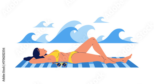 Relaxed Female Sunbathing On The Beach With Ocean Waves In The Background Scene