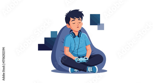 Relaxed Gamer Resting After A Long Gaming Session In Beanbag Chair Illustration