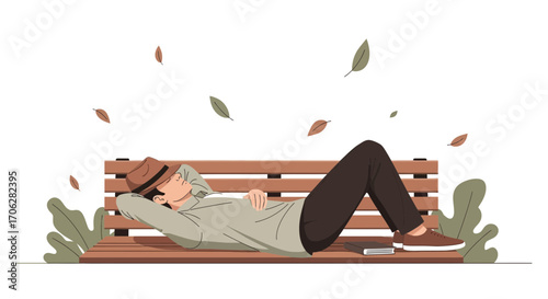 Relaxed Gentleman Lounging On Park Bench Under Autumnal Foliage In Tranquil Scene