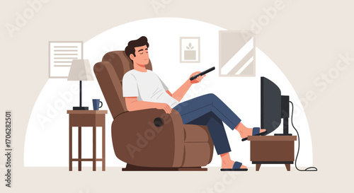 Relaxed Individual Watches Television While Comfortably Seated in a Living Room Armchair