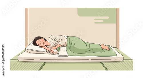 Serene Slumber: A Woman Enjoys Pleasant Rest on a Traditional Japanese Futon