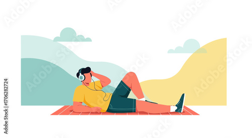 Relaxed Person Listening Music While Resting Outdoors on A Summer Day's Delight