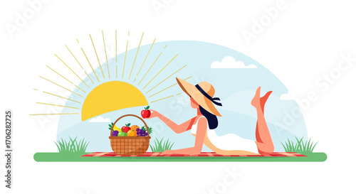 Serene Summertime Scene: A Woman Enjoys a Sunny Picnic Amidst Nature's Embrace