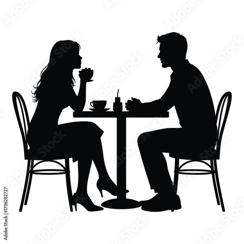 Silhouettes of a couple enjoying coffee at a bistro table romantic date scene silhouette