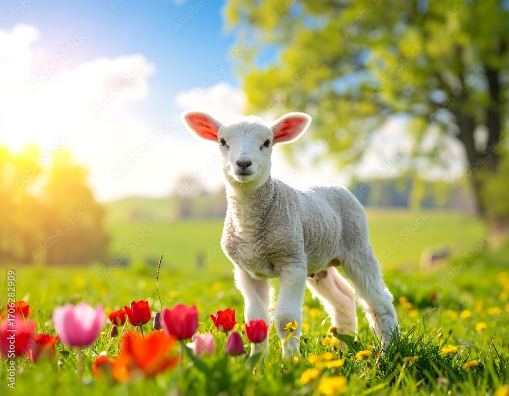 Fototapeta premium Cute lamb in a spring meadow