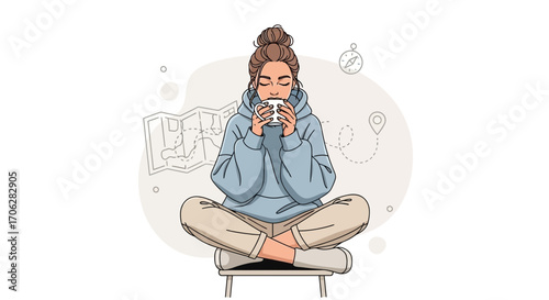 Relaxed Woman Planning Trip With Coffee, Map And Compass In Contemplative Moment