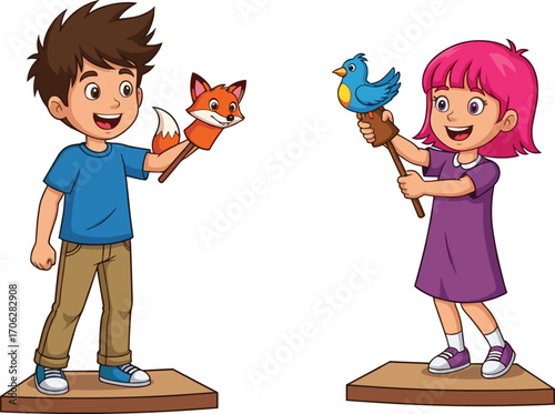 Happy boy and girl playing with animal puppets, children having fun, imaginative play, childhood creativity, kids role-playing, joyful learning, indoor activity