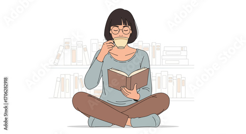 Serene Woman Enjoying Tea And Reading Book In Front Of Bookshelf In Relaxing Setting