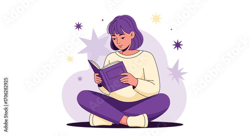Serene Woman Immersed In Reading, Surrounded By Whimsical Stars, in a Relaxed Pose