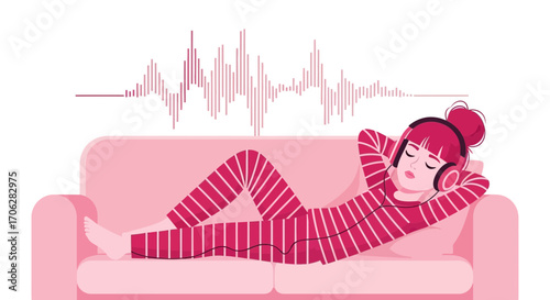 Serene Woman Listening Music In A Relaxed Position With Headphones On Sofa And Soundwaves