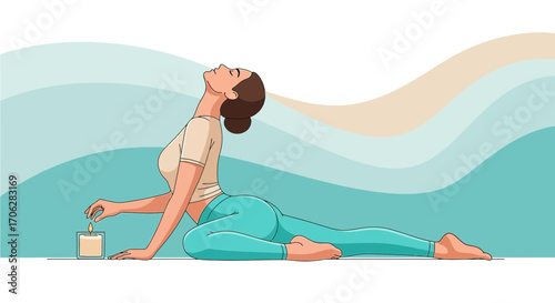 Serene Woman Relaxes Candlelit, Embracing Tranquility Positioned on Yoga Mat No Comma