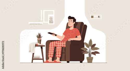 Relaxing At Home: A Man Enjoys Television Comfortably Seated in His Armchair