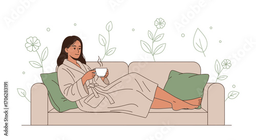 Serene Woman Sipping From Mug in Coziness, Relaxation Depicted by Illustration