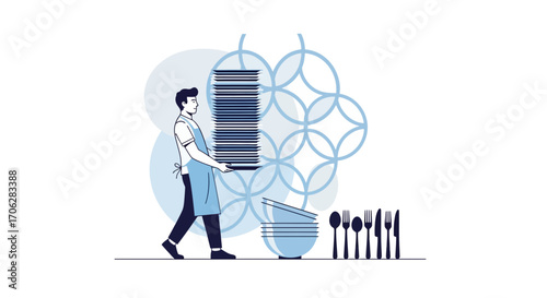 Server Delivering Clean Plates To Customers In Restaurant Service Concept Illustration