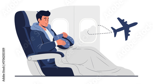 Relaxing Passenger Enjoys Air Travel Experience With Airplane Flying In the Sky For Vacation