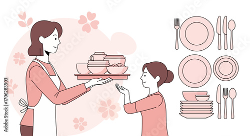 Serving Food Illustration Featuring Serving Dishes, Plates, And Utensils In Pastel Colors