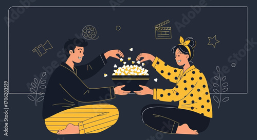 Sharing Popcorn and Enjoying a Movie Night Illustrating Companionship and Leisure