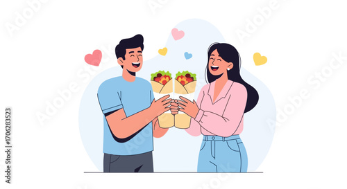 Sharing Delicious Wraps Creates Joyful Moments for a Lovely Couple on a Bright Day