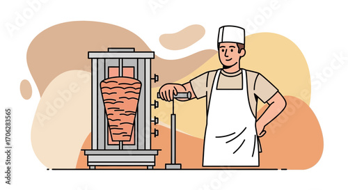 Shawarma Chef With A Smiling Expression Preparing Delicious Roasted Meat For Customers.