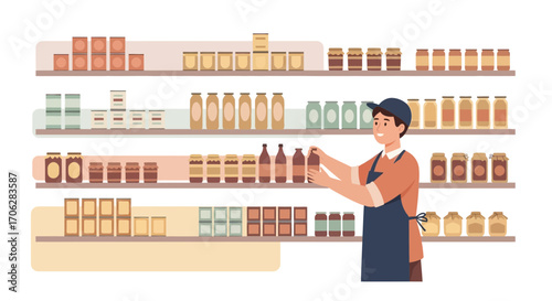 Shopkeeper Arranging Goods On Shelves Creating An Appealing Grocery Store Display
