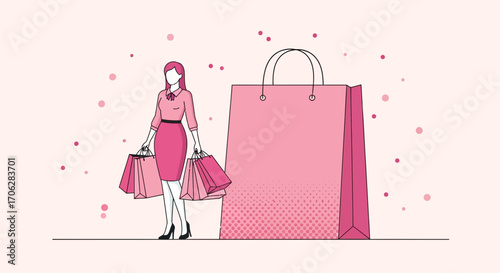 Shopping Spree: Stylish Woman with Shopping Bags and a Giant Pastel Pink Tote Bag