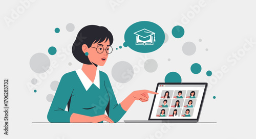 Remote Online Learning Icon Illustrative Woman Presenting Laptop Education Webinar Concept