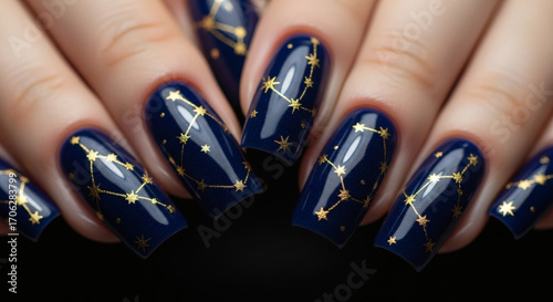 Close-up of a woman's hands with dark blue nails adorned with golden constellation patterns, showcasing a celestial-themed manicure.