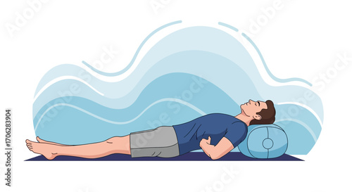 Restful Person Reclining with Eyes Closed, Bolster Under Head, Inhaling Peaceful Energy