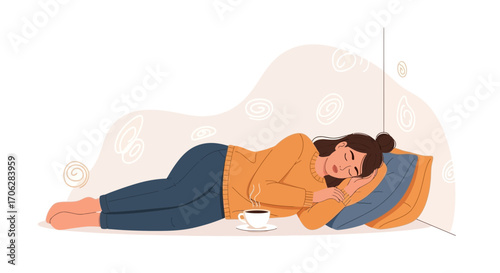 Restful Slumber: A Woman Napping Peacefully Alongside a Fresh Cup of Coffee