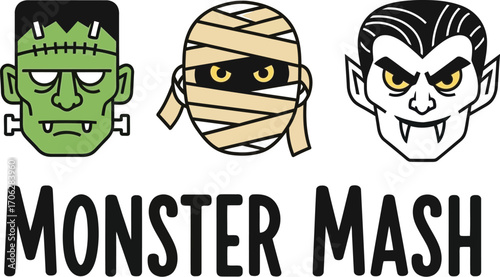 Frankenstein mummy and vampire heads for a monster mash halloween celebration